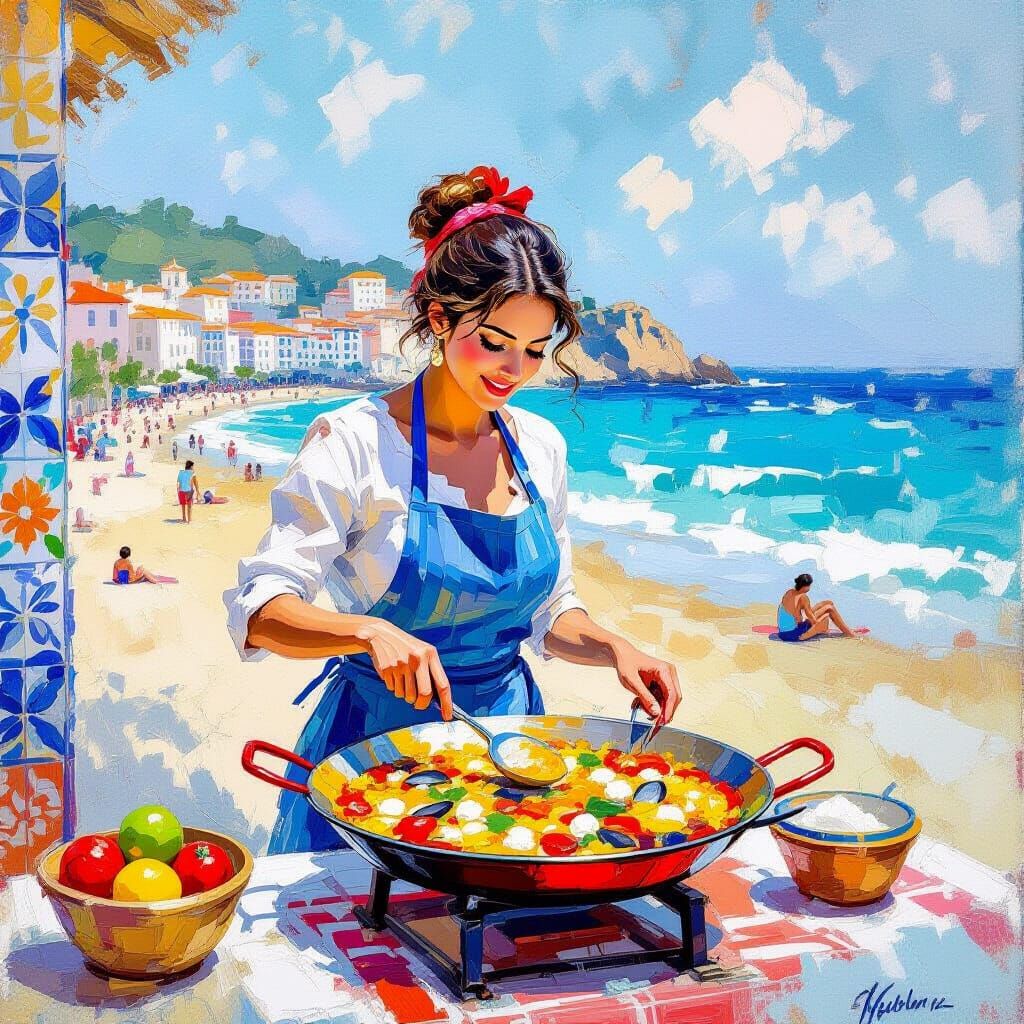 Spanish Woman Cooking Paella: Impressionist Gouache Watercol...