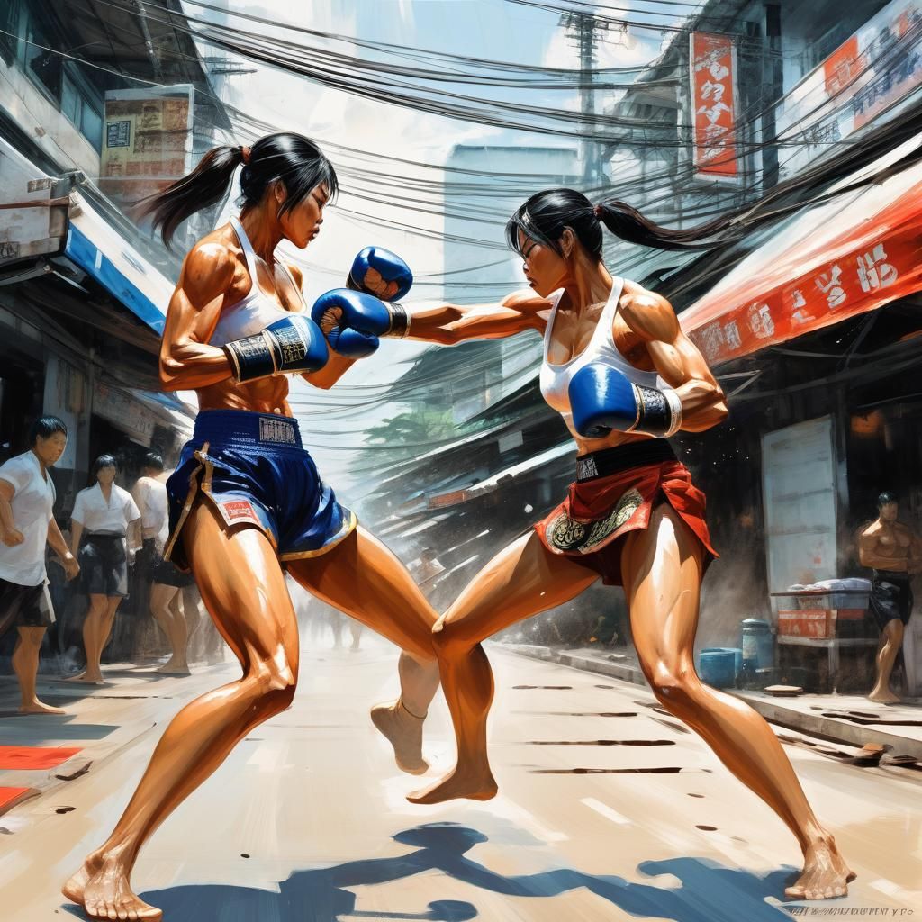 Intense Muay Thai Street Fight in Bangkok, Comic Book Art