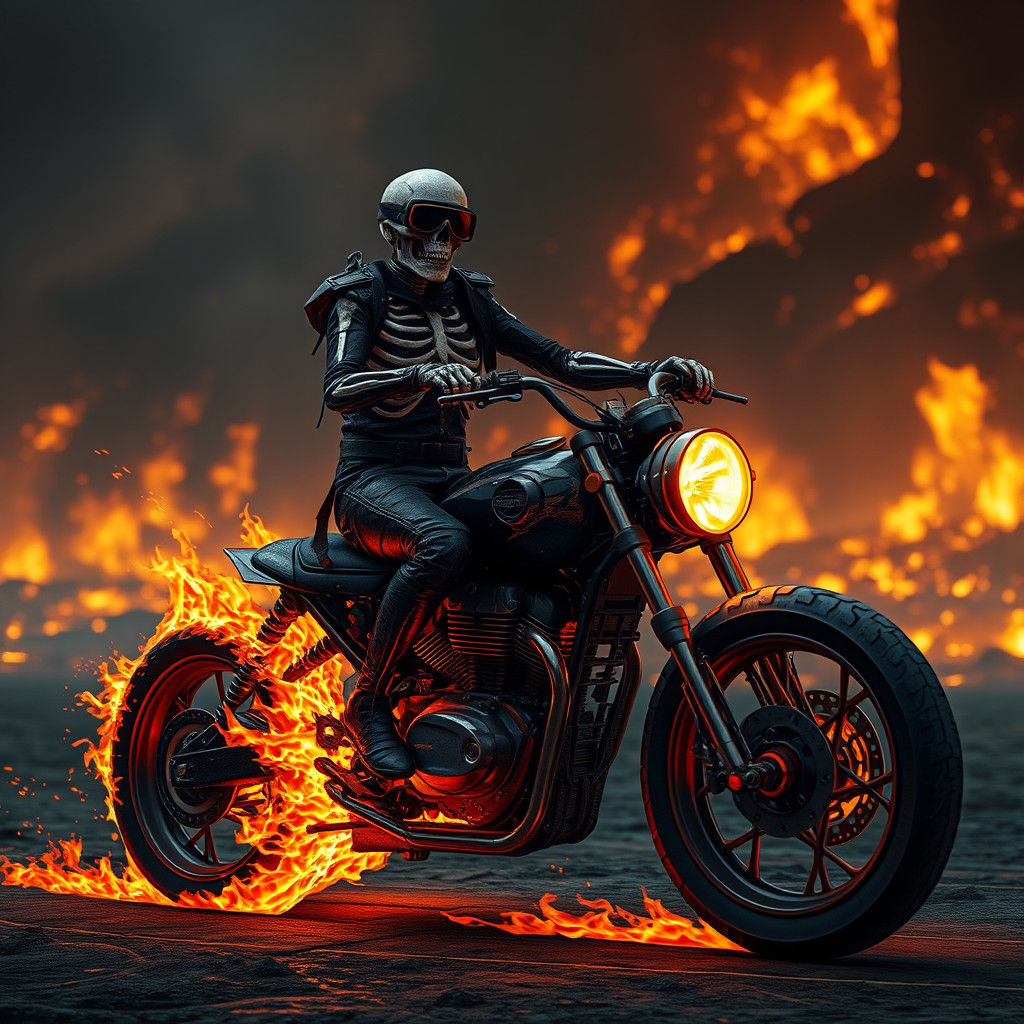 Infernal Biker: Skeleton Rider in Blazing Hellscape