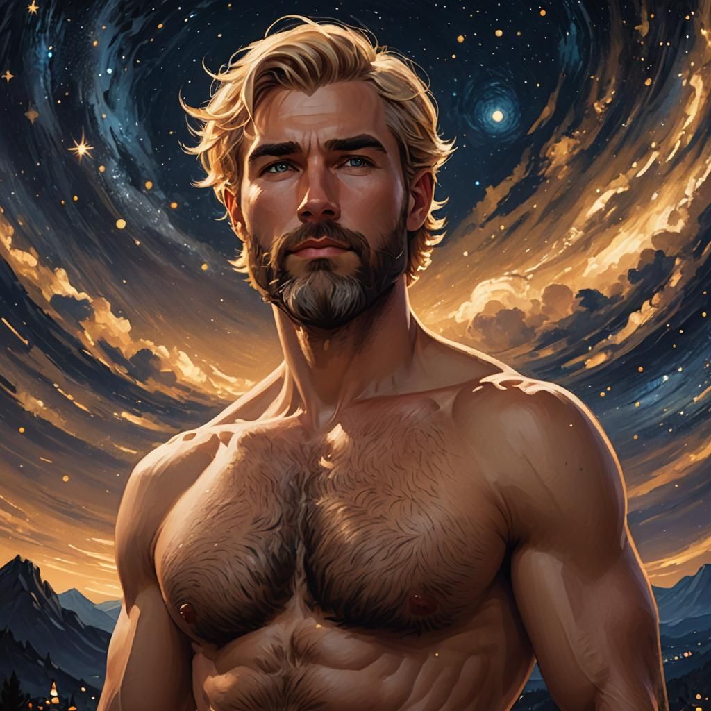 Handsome Man with Beard Under Starry Sky