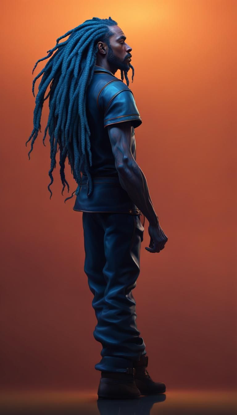 man dark blue dreadlocks with leather trousers profile golden shine blend