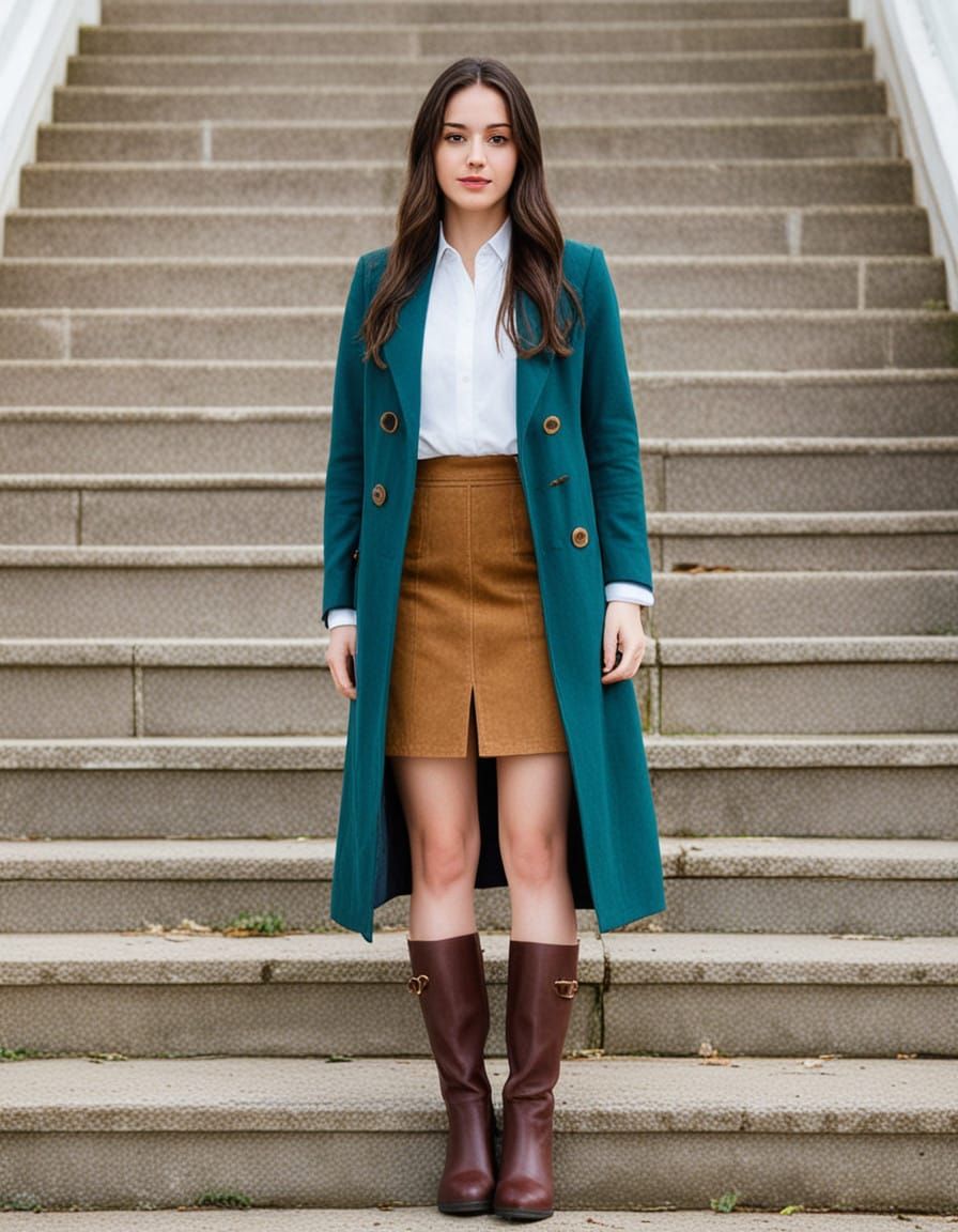 Young Woman in Blue Coat Standing on Church Steps in Small T...