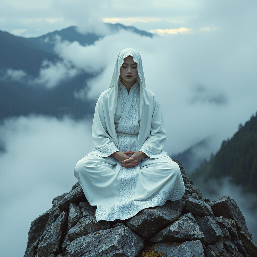 Serene Figure on Misty Peak, Dreamy Art