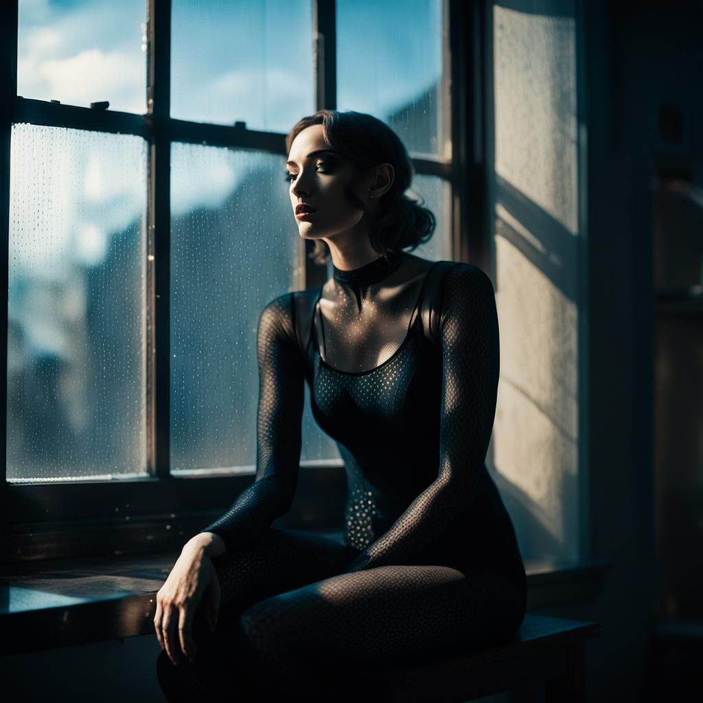 Pensive Girl in Noir Portrait with Sunlight