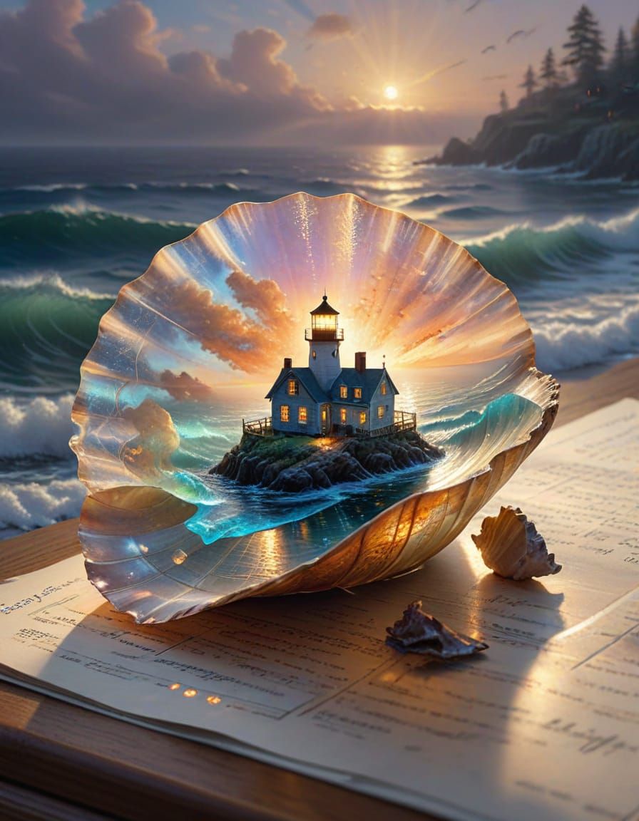 Ethereal Calico Scallop Double Exposure with Ocean Scene