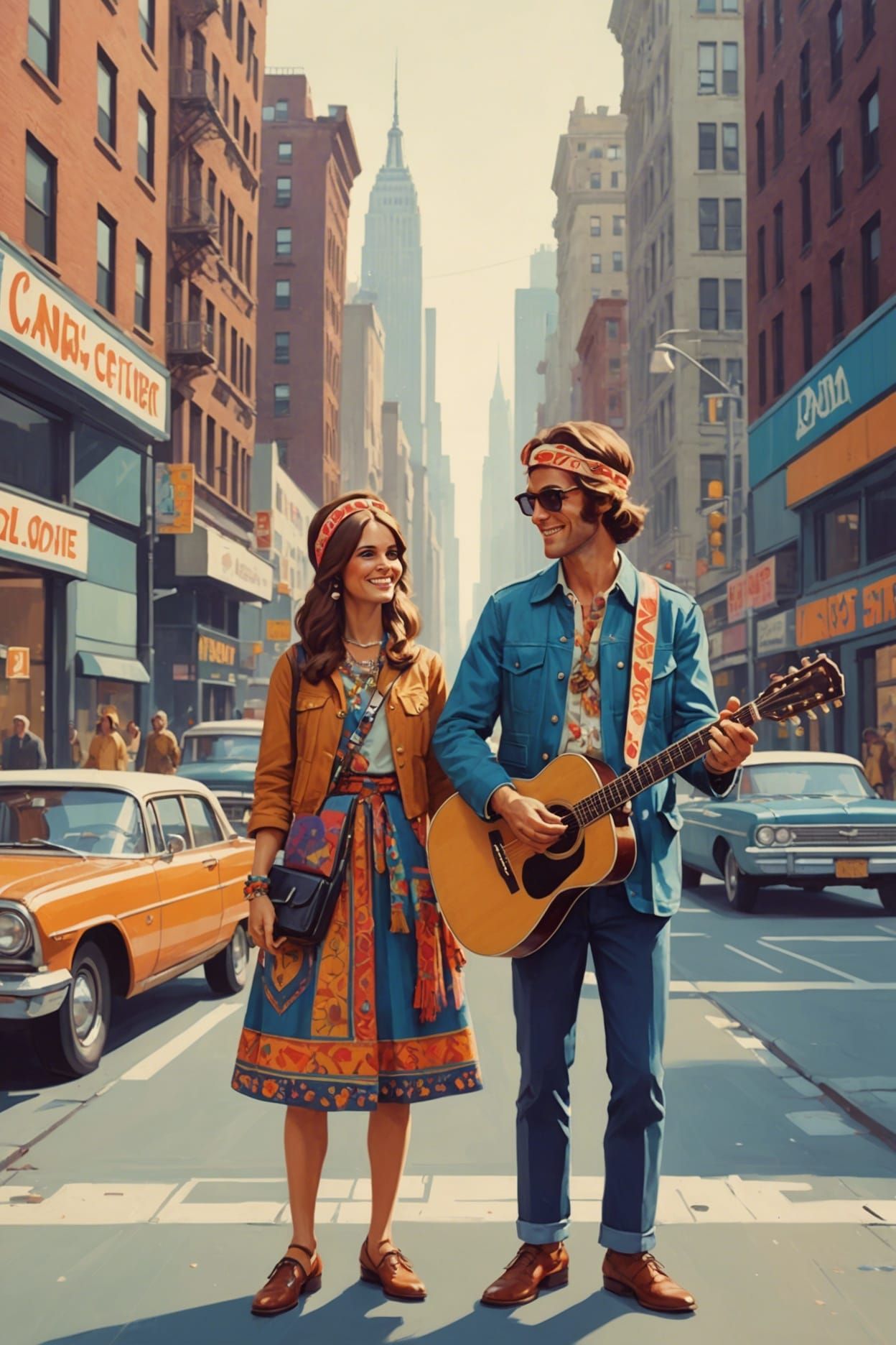 Happy Hippie Couple in 1960s New York Street
