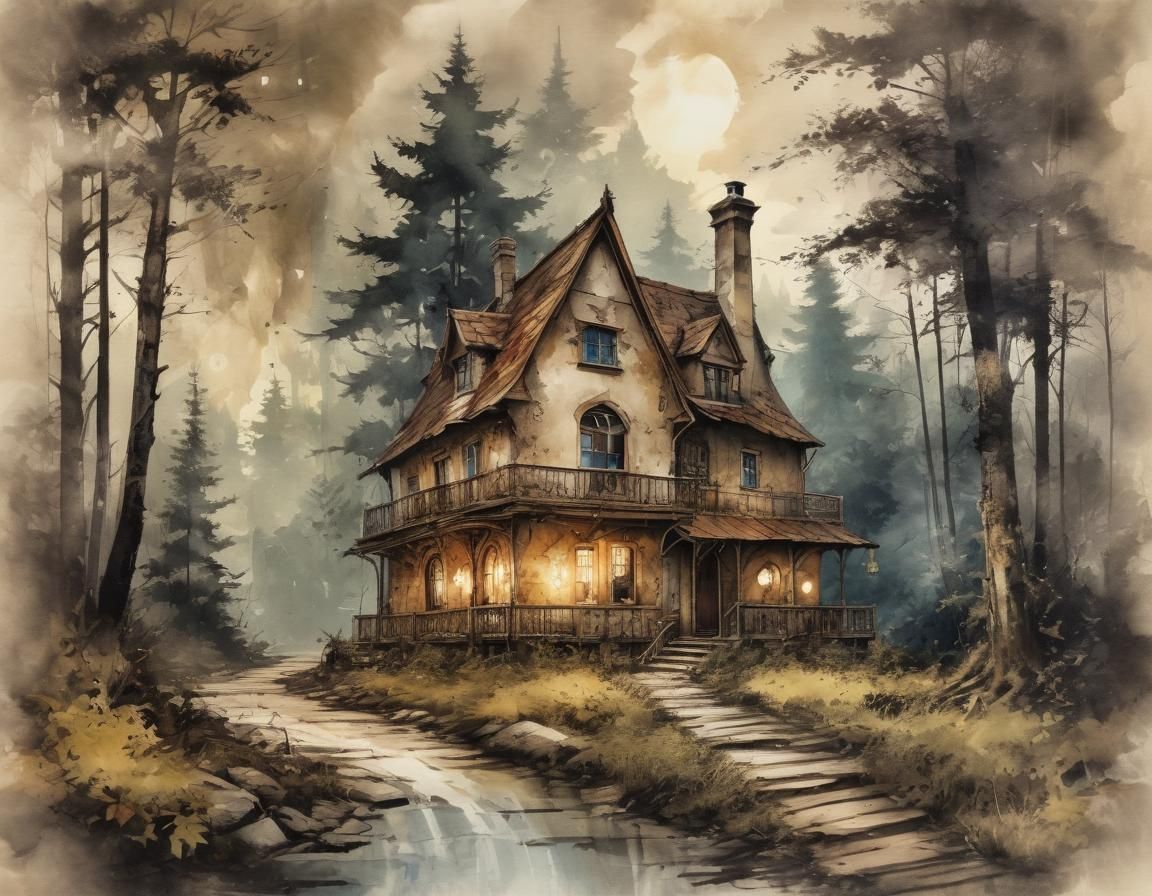 Steampunk Cottage in Forest Ink Painting