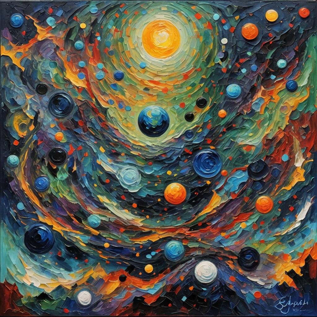 Neo-Impressionistic Planets in Cold Abyss, Impasto Oil Paint...