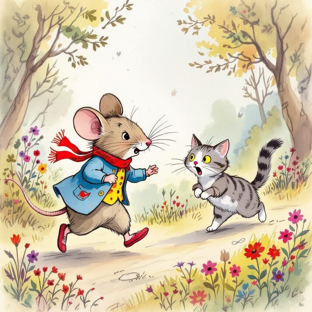 Whimsical Mouse Chases Cat in Watercolor Style