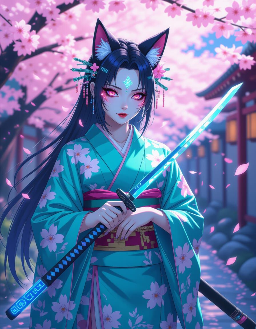 Neon Sakura Kitsune with Energy Katana in Anime Style