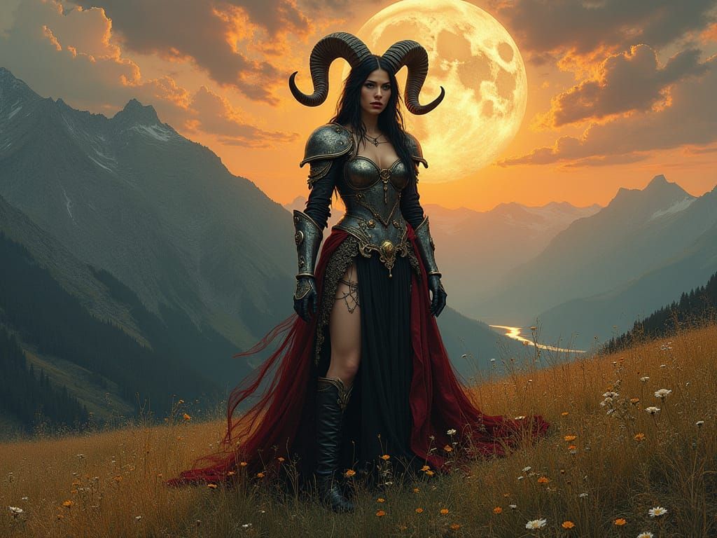 Gothic Fantasy Warrior Maiden in Moonlit Alpine Landscape