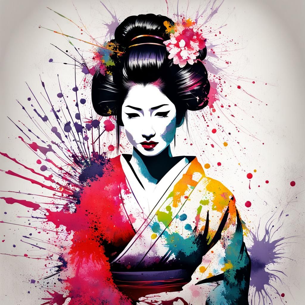 Vivid Ink Splatter Abstract of a Geisha