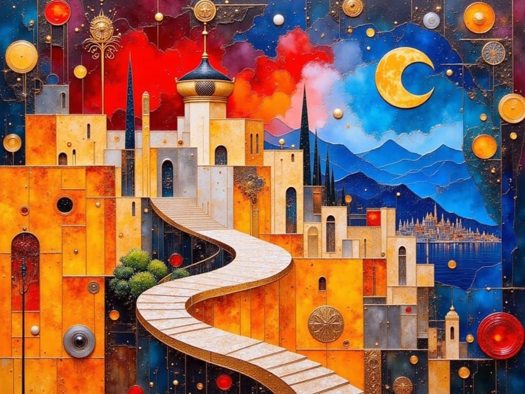 Italian Art Deco Cityscape at Night