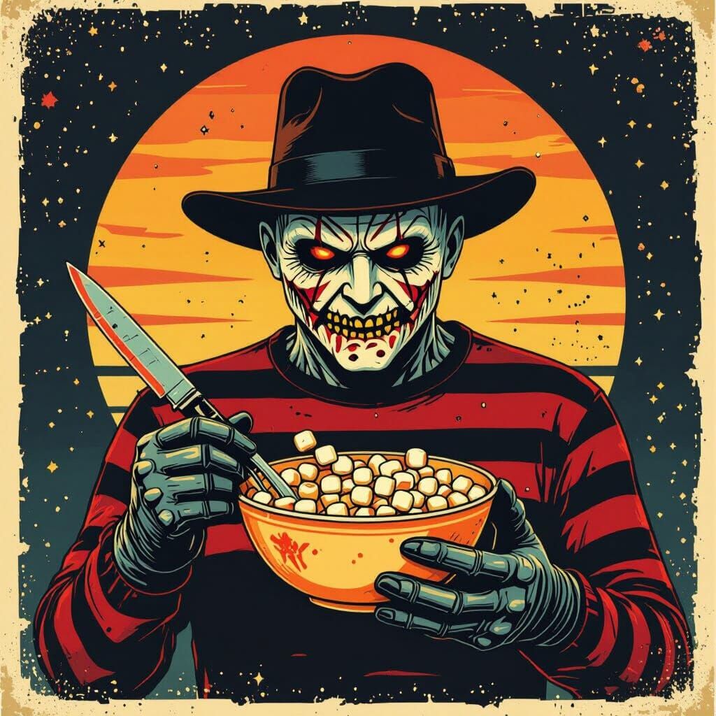 Freddy Krueger Cereal Box Art in Retro Style