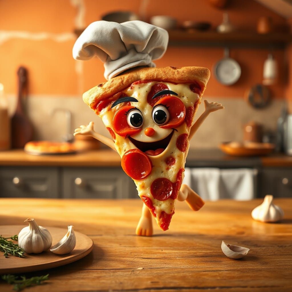 Joyful Pizza Slice with Chef Hat, Disney Animation Style