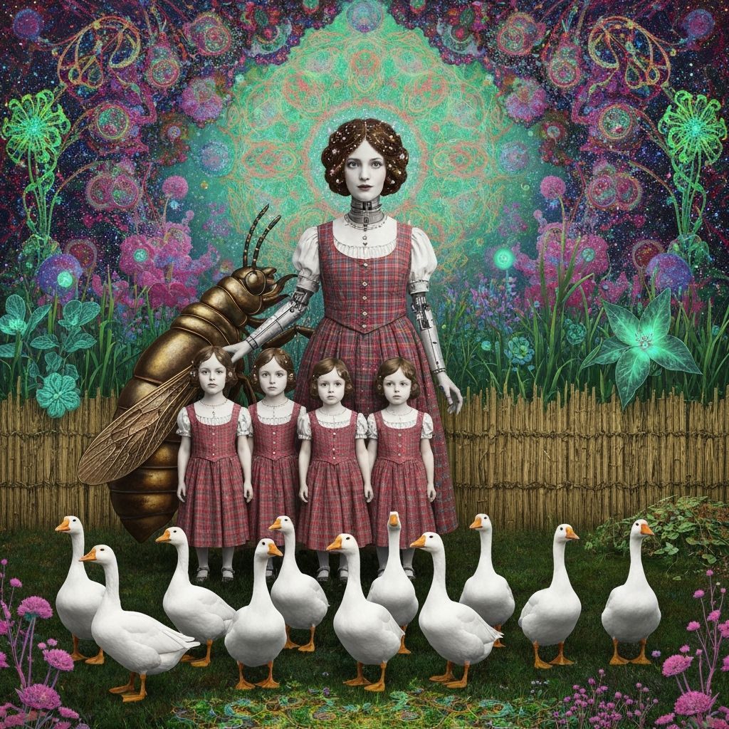 Folkloric Robot with Twins in Surreal Eco-Art Garden