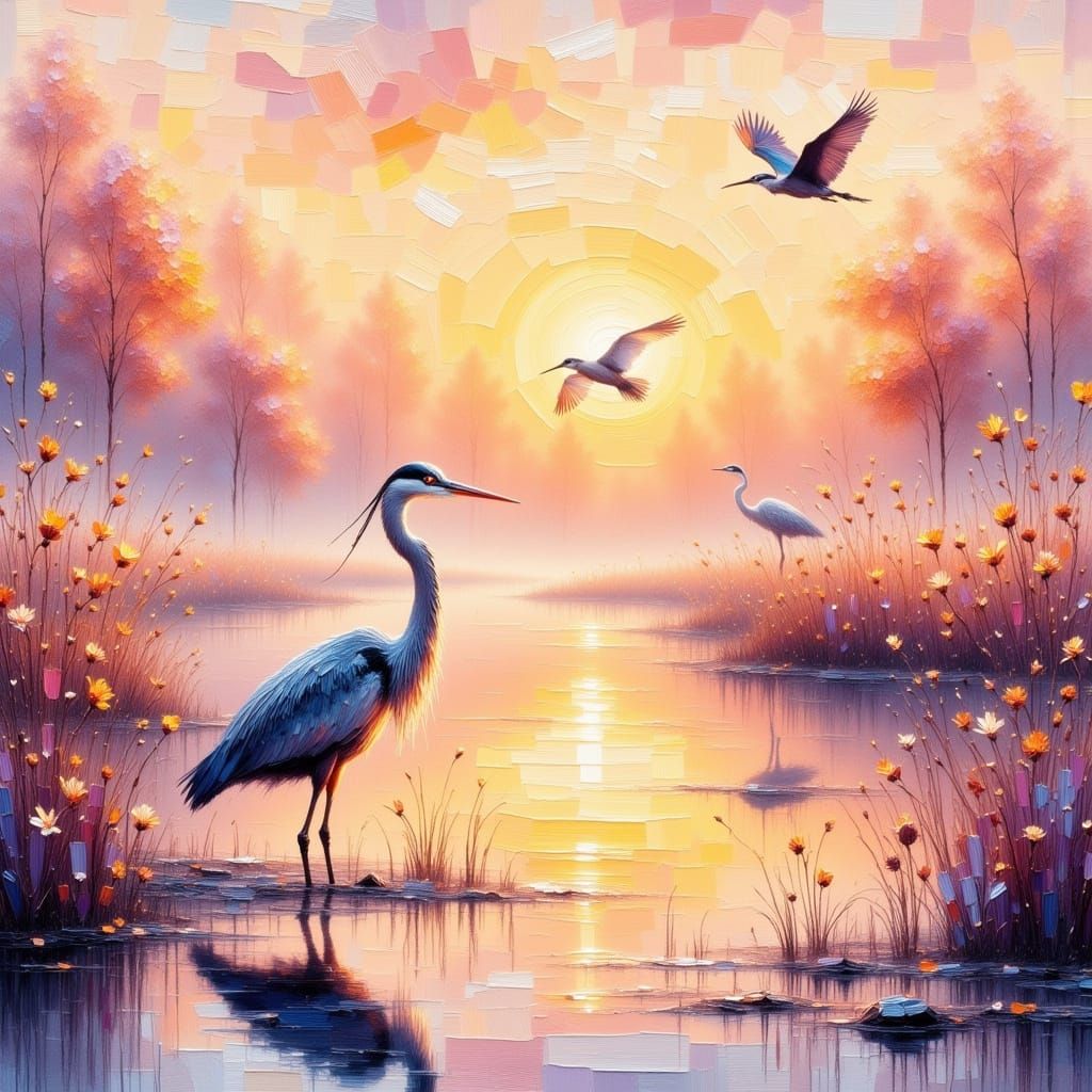 Herons in Misty Wetland Dawn, Impressionist Impasto Style