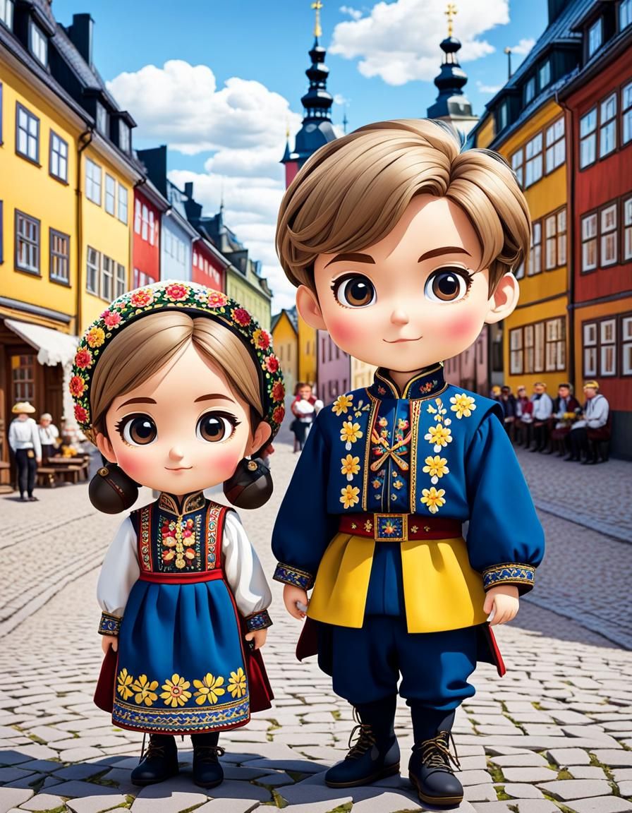 Chibi Characters in Traditional Swedish Attire, Stockholm