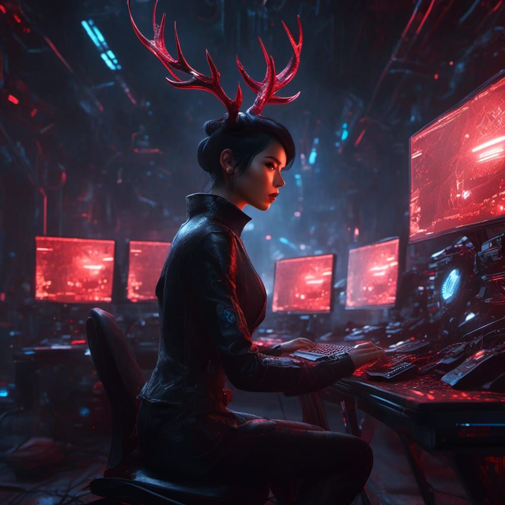 Woman with Antlers Coding in Dark Room