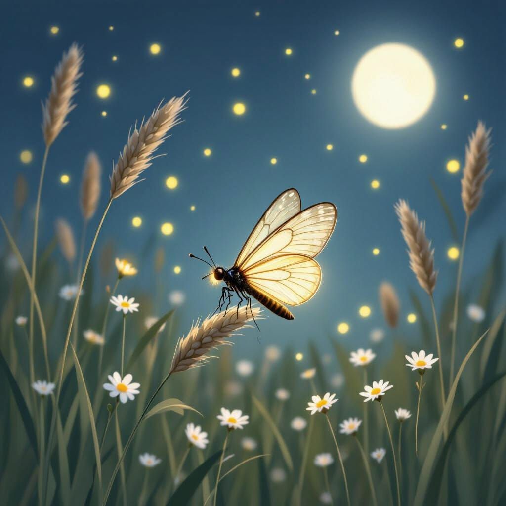 Whimsical Firefly on Grass in Moonlit Meadow