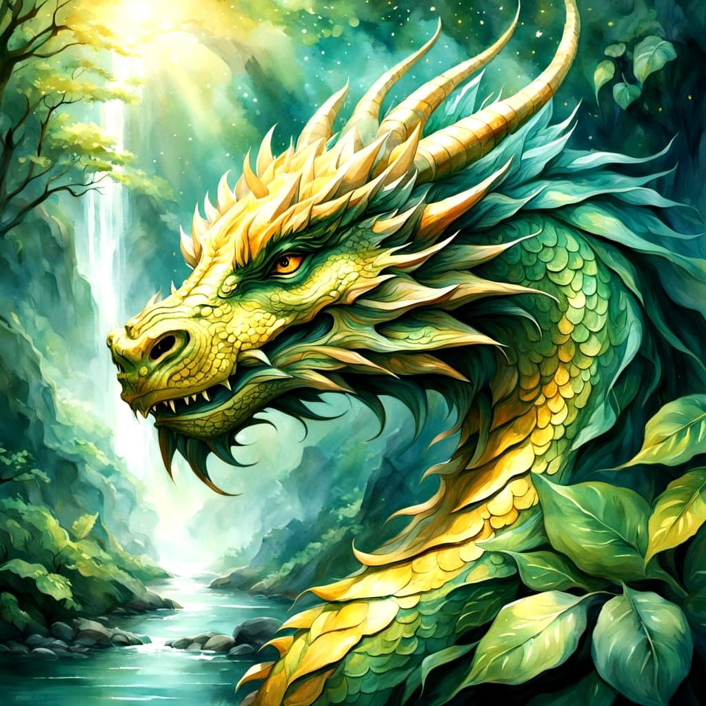 Majestic Watercolor Dragon in Whimsical Fantasy Landscape