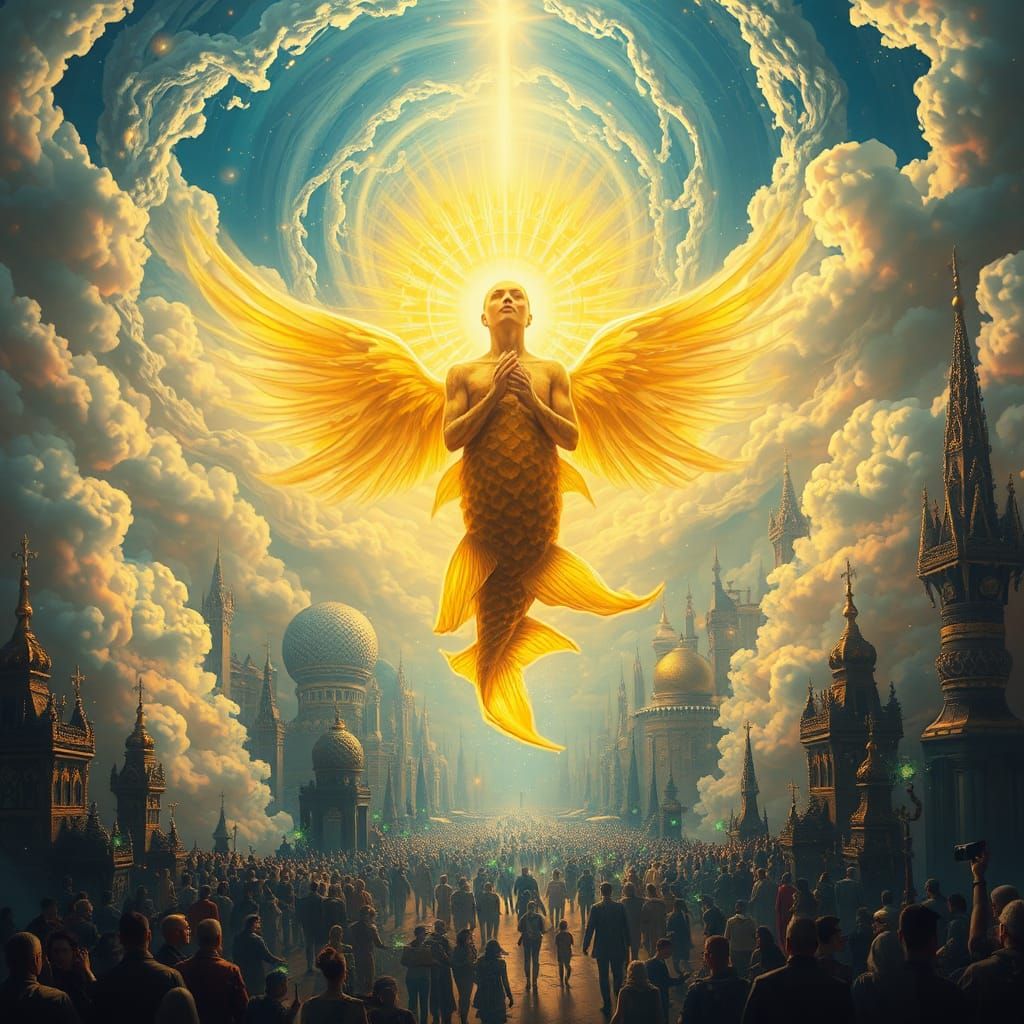 Celestial Being in Iridescent Cityscape, Surreal Dreamscape