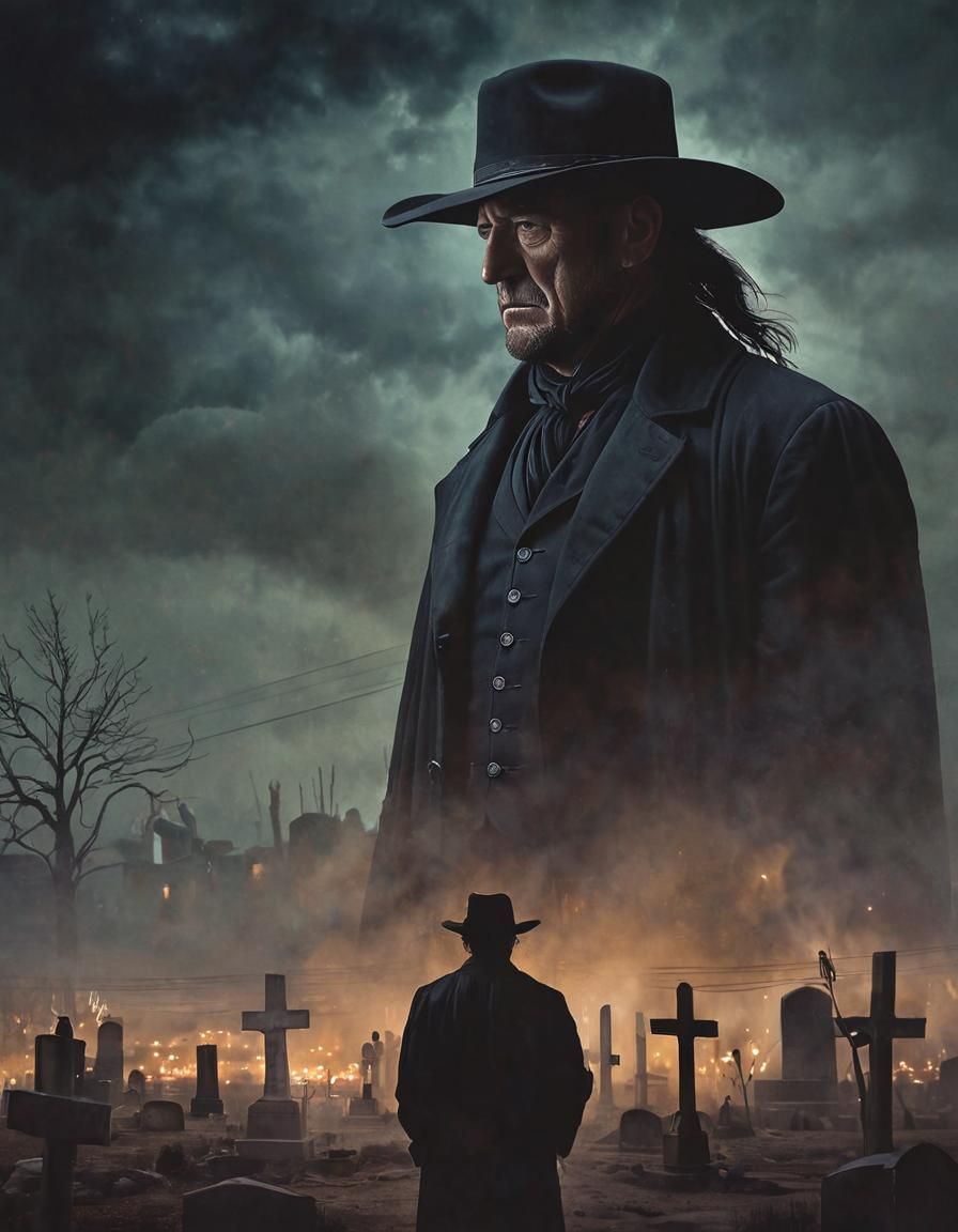 Wild West Undertaker Portrait in Stormy Graveyard