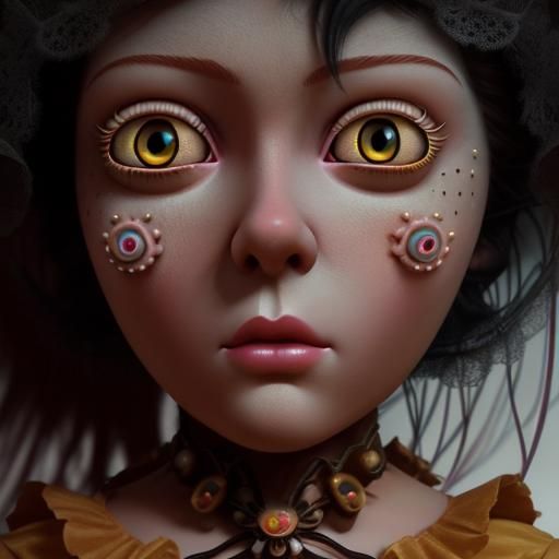 Surreal Doll with Yellow Eyes: Pop Surrealism Artwork