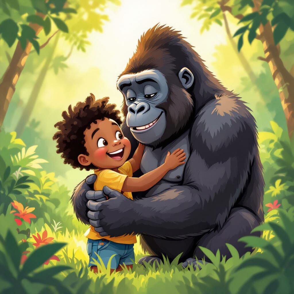 Joyful Boy and Gorilla Embrace in Sunlit Jungle