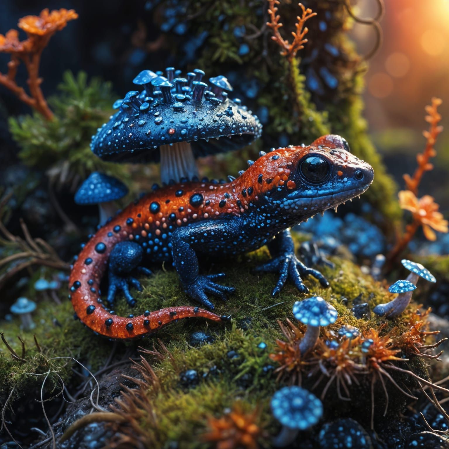 Macro Red Salamander Under Glowing Mushrooms
