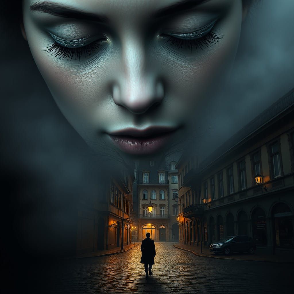 Serene Woman in Whimsical Cityscape