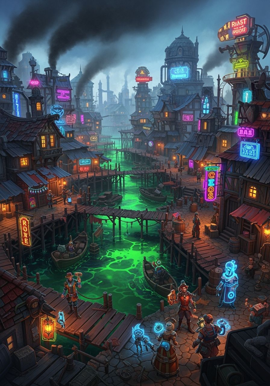 Fantasy Water World Shantytown with Neon Lights and Smog