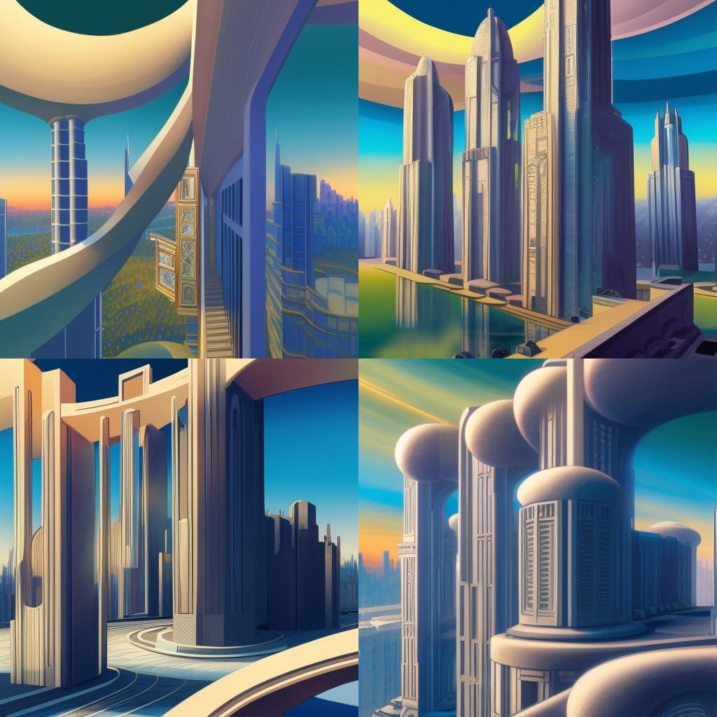Futuristic Cityscape in Gouache Painting Style