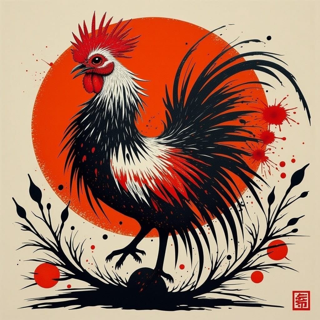 Vibrant Rooster in Dynamic Naoto Hattori Style