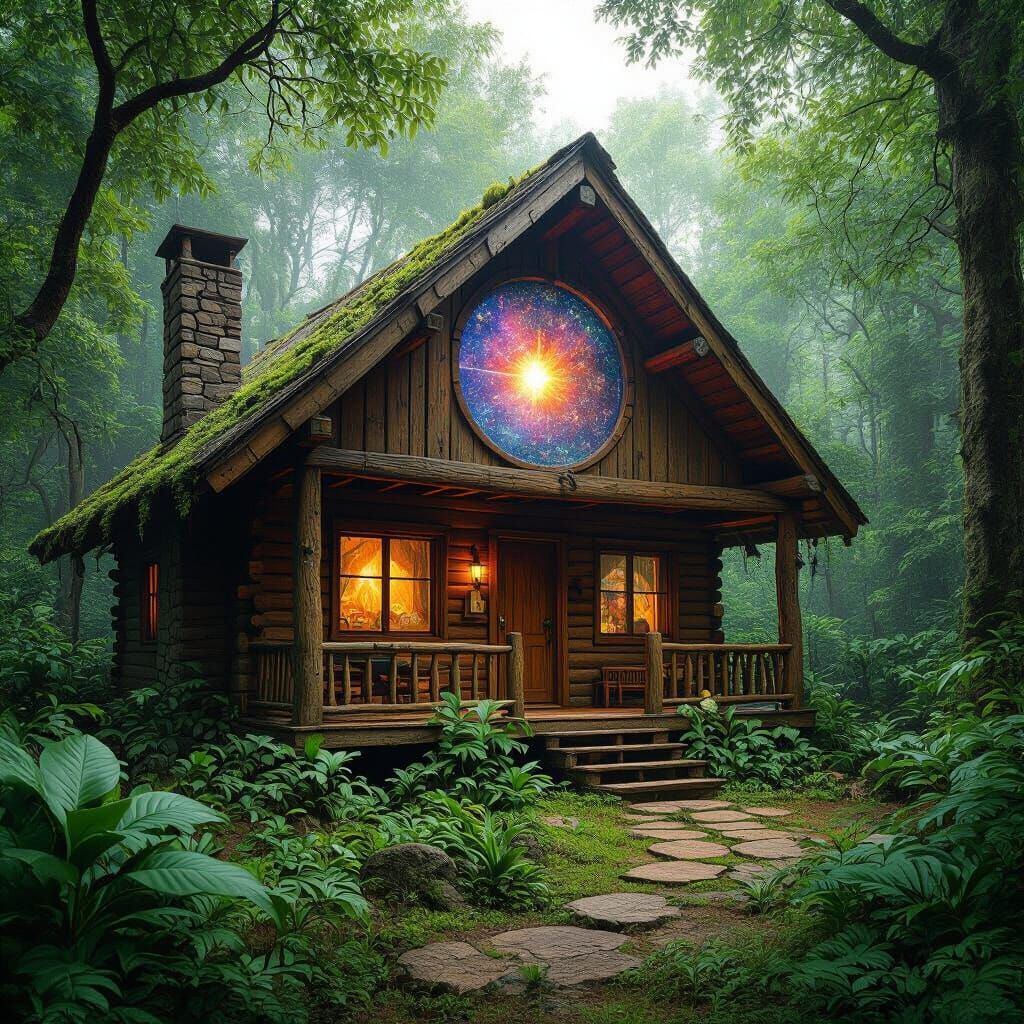 Mystical Cabin Hidden in Forest, Visionary Art Style