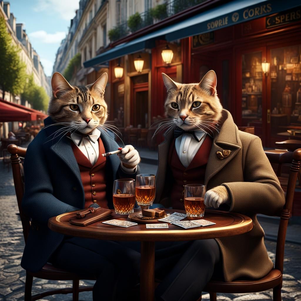 Cats at Cafe in Paris: Detailed Matte Painting