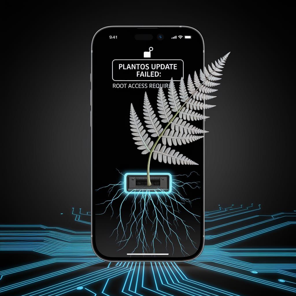 PlantOS Error: Fern Sprouts in Cyberpunk Phone