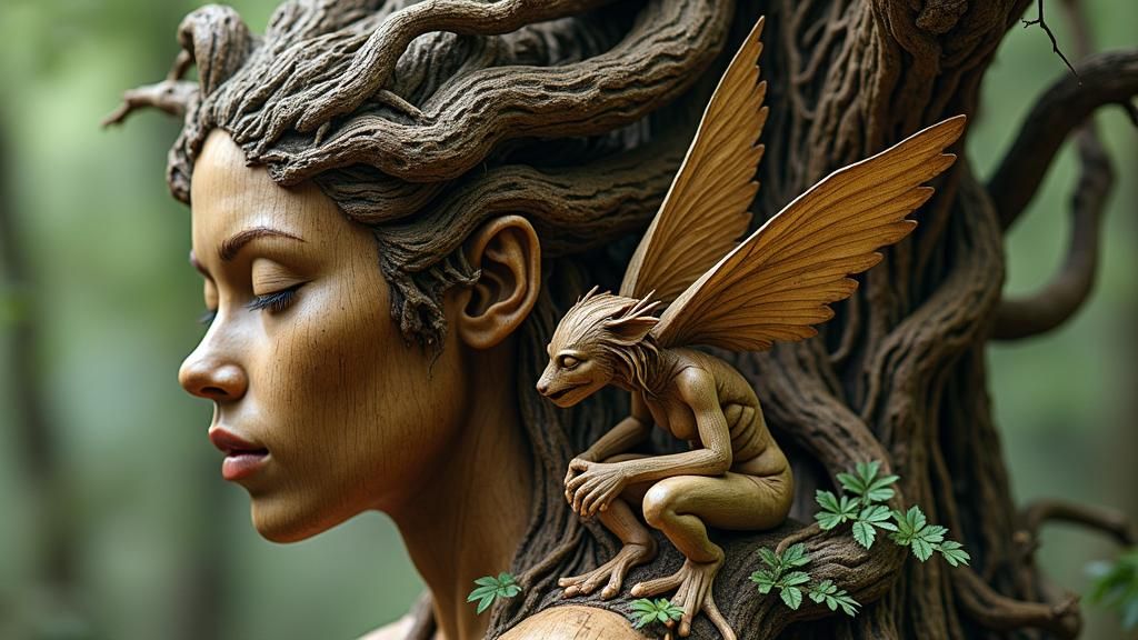 Humanoid Figure Carved from Wood with Faeries