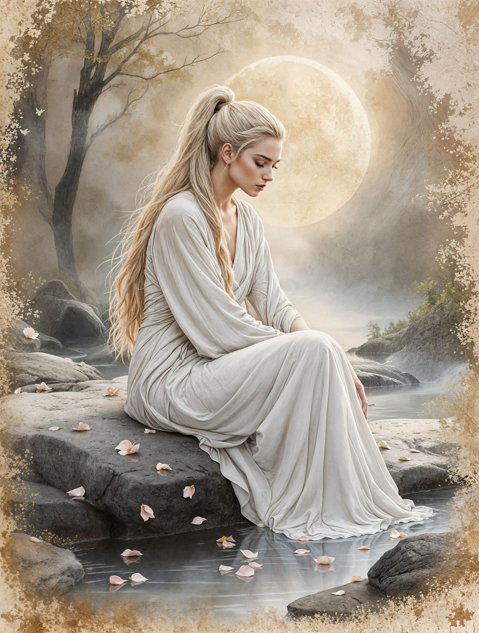 Ethereal Goddess Beside Moonlit Woodland Stream