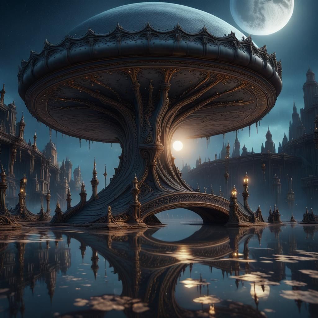 Crescent Moon and Stars Reflected: Detailed Matte Painting