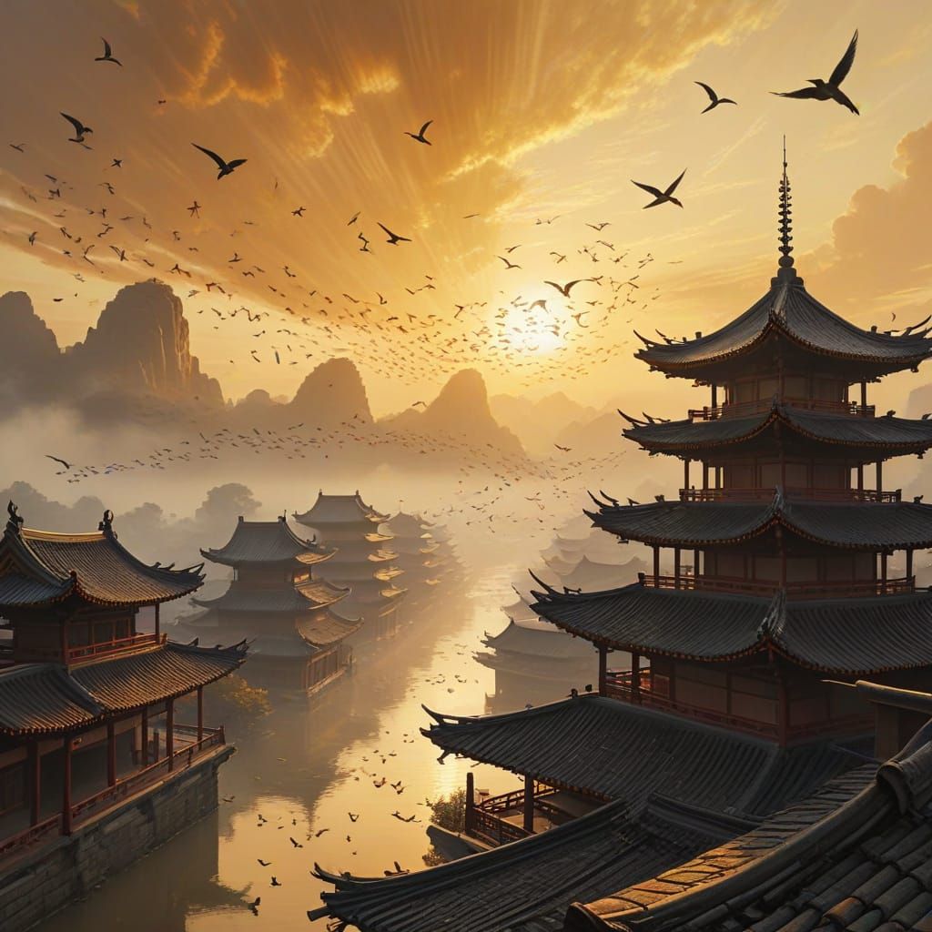 Swallows in Golden Light: Spiritual Realism Temple Art
