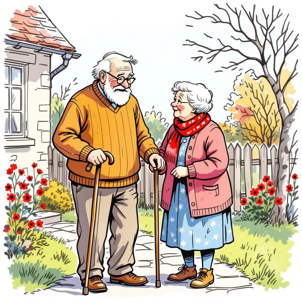 Grandparents in Backyard: Children's Book Illustration