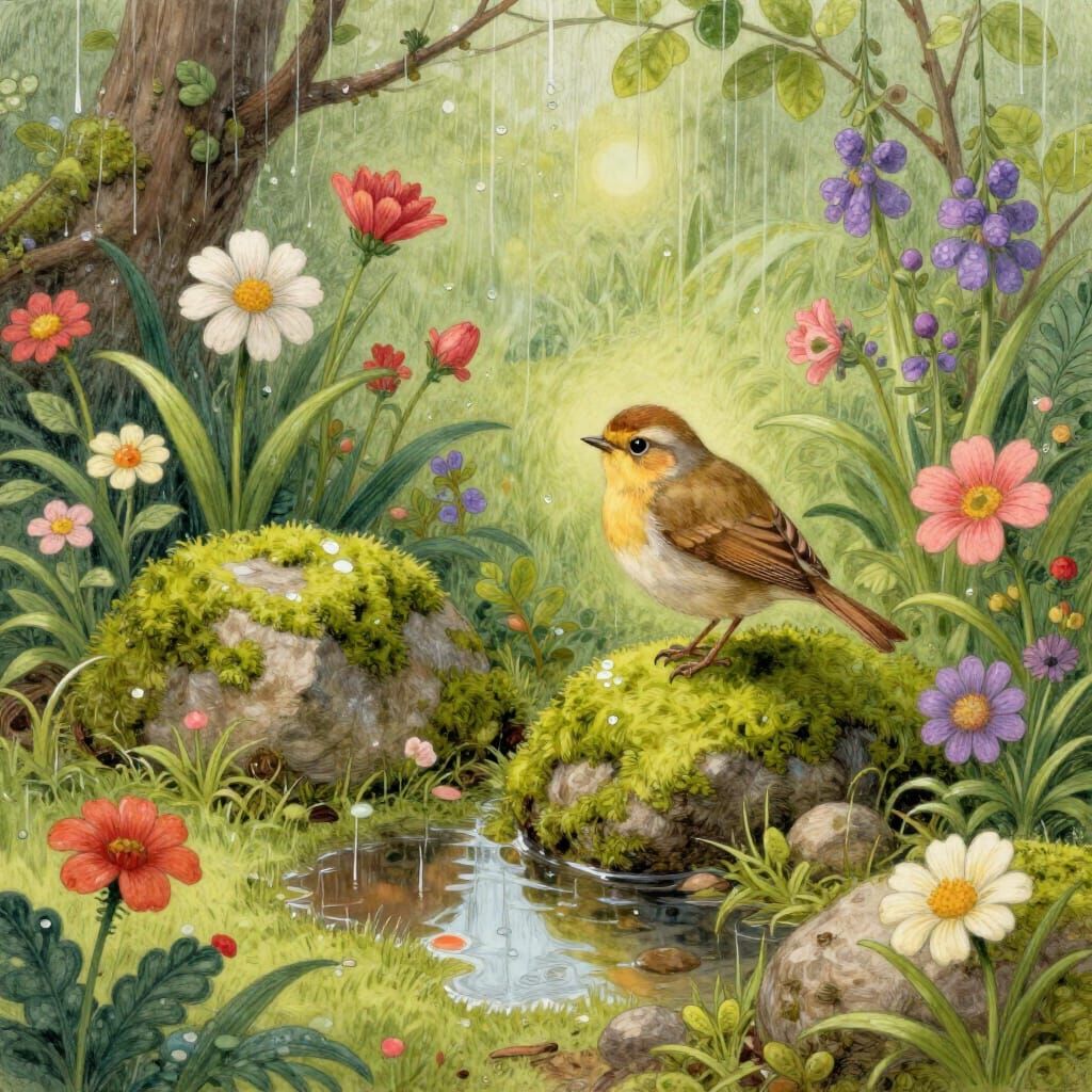 Whimsical Garden Scene with Songbird After Rain