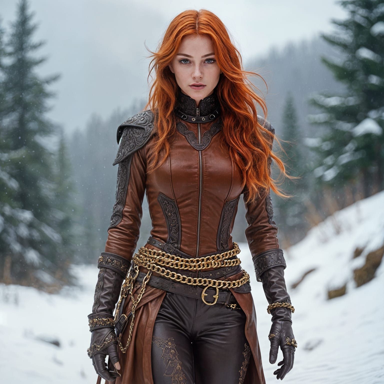 Cat-Girl with Celtic Designs in Winter Mountains