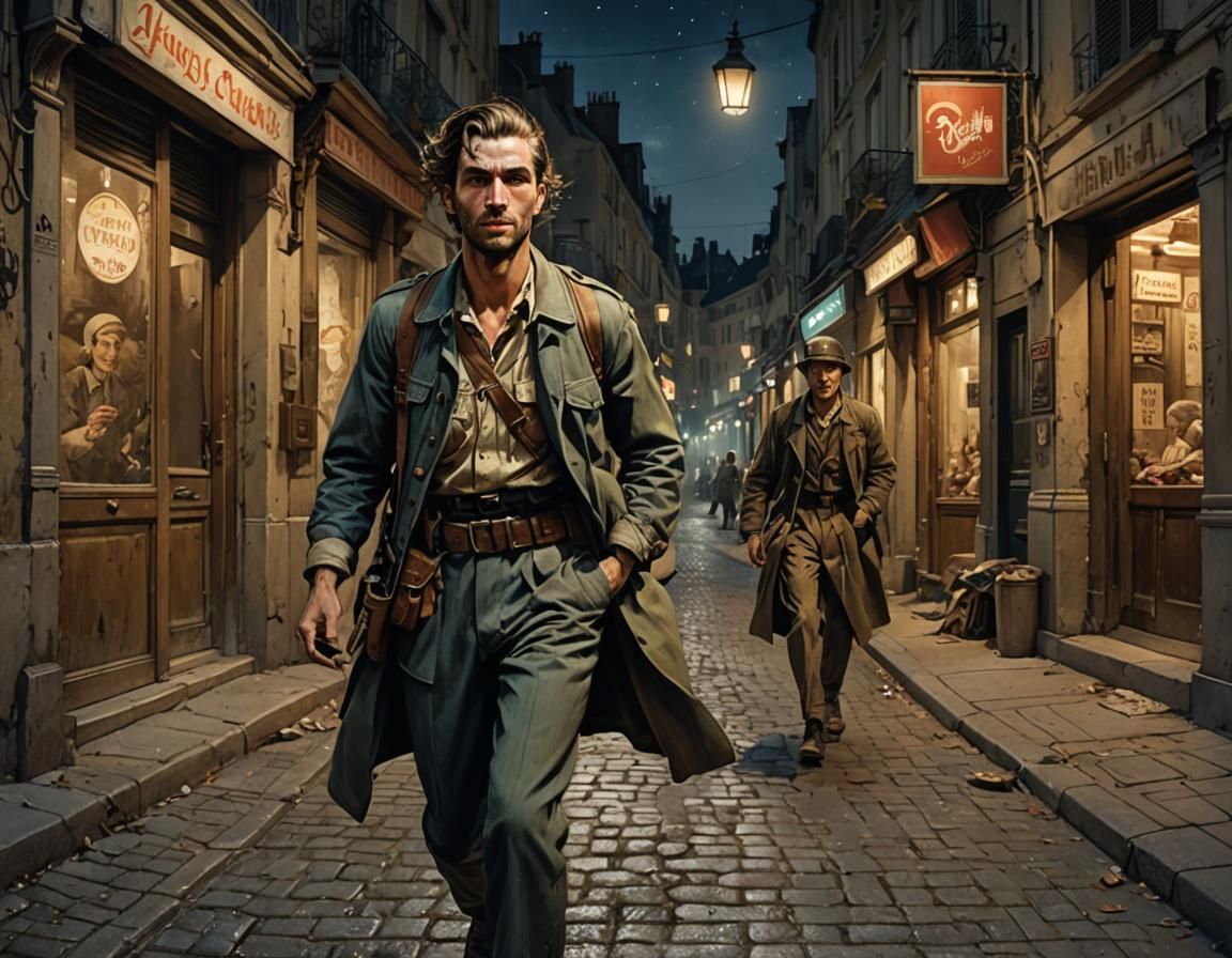 WWII Freedom Fighter in French Street, Vintage Style