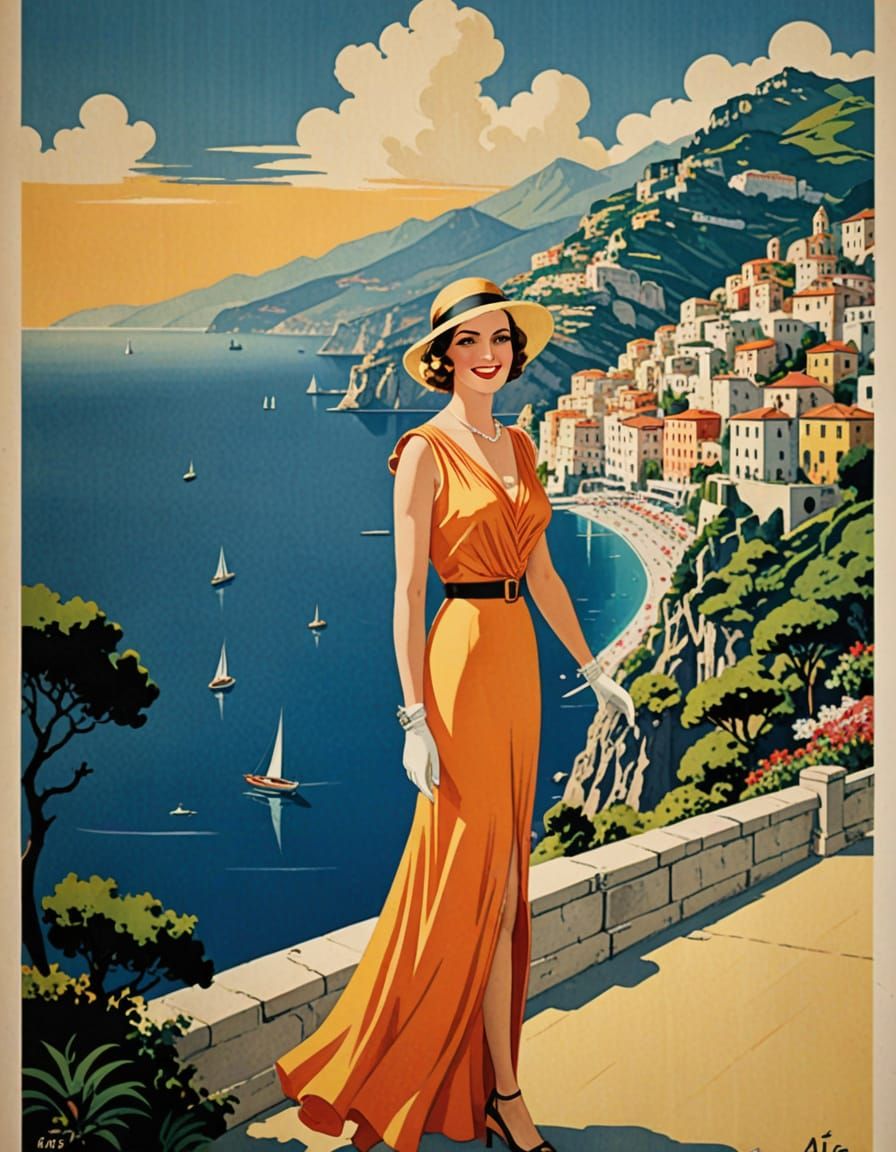 Vintage 1930s Travel Poster: The Amalfi Coast, Italy