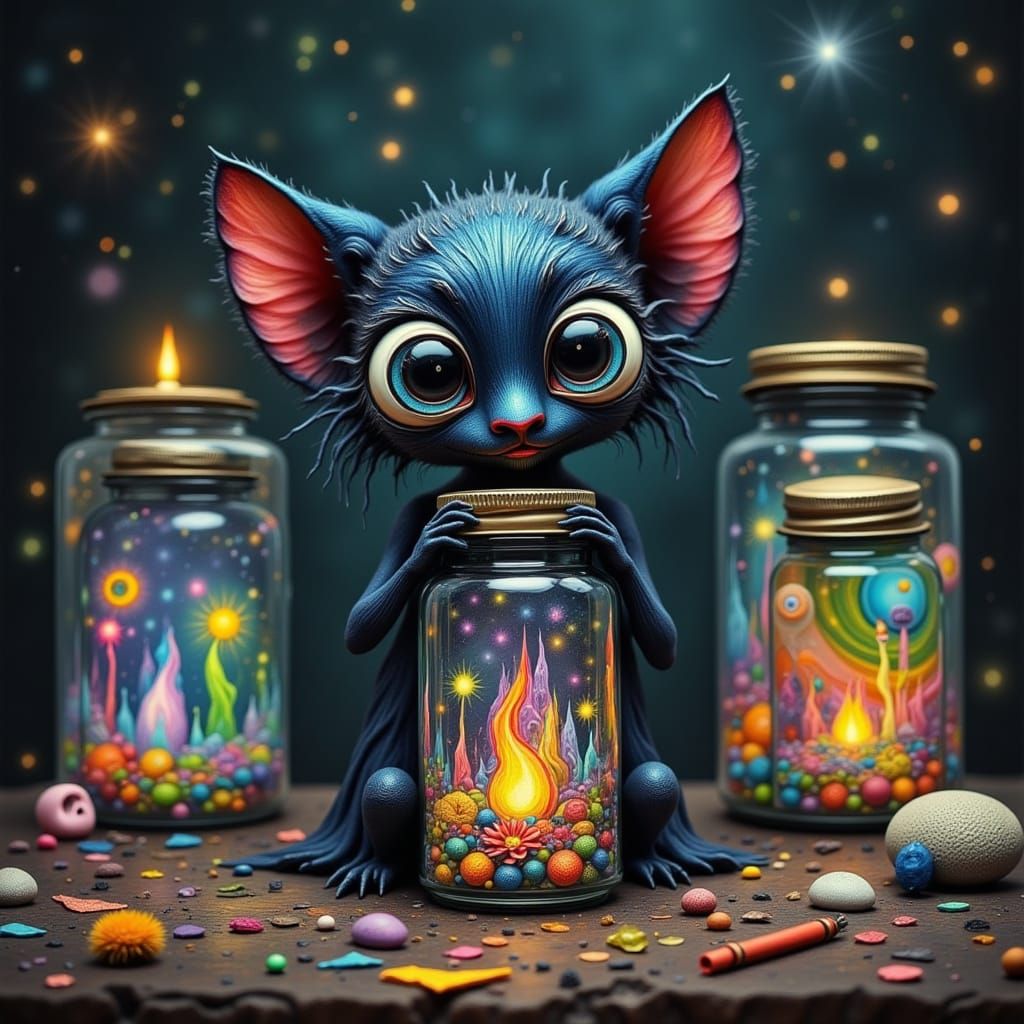 Gothic Creature Holding Jars of Dreams and Googly Eyes