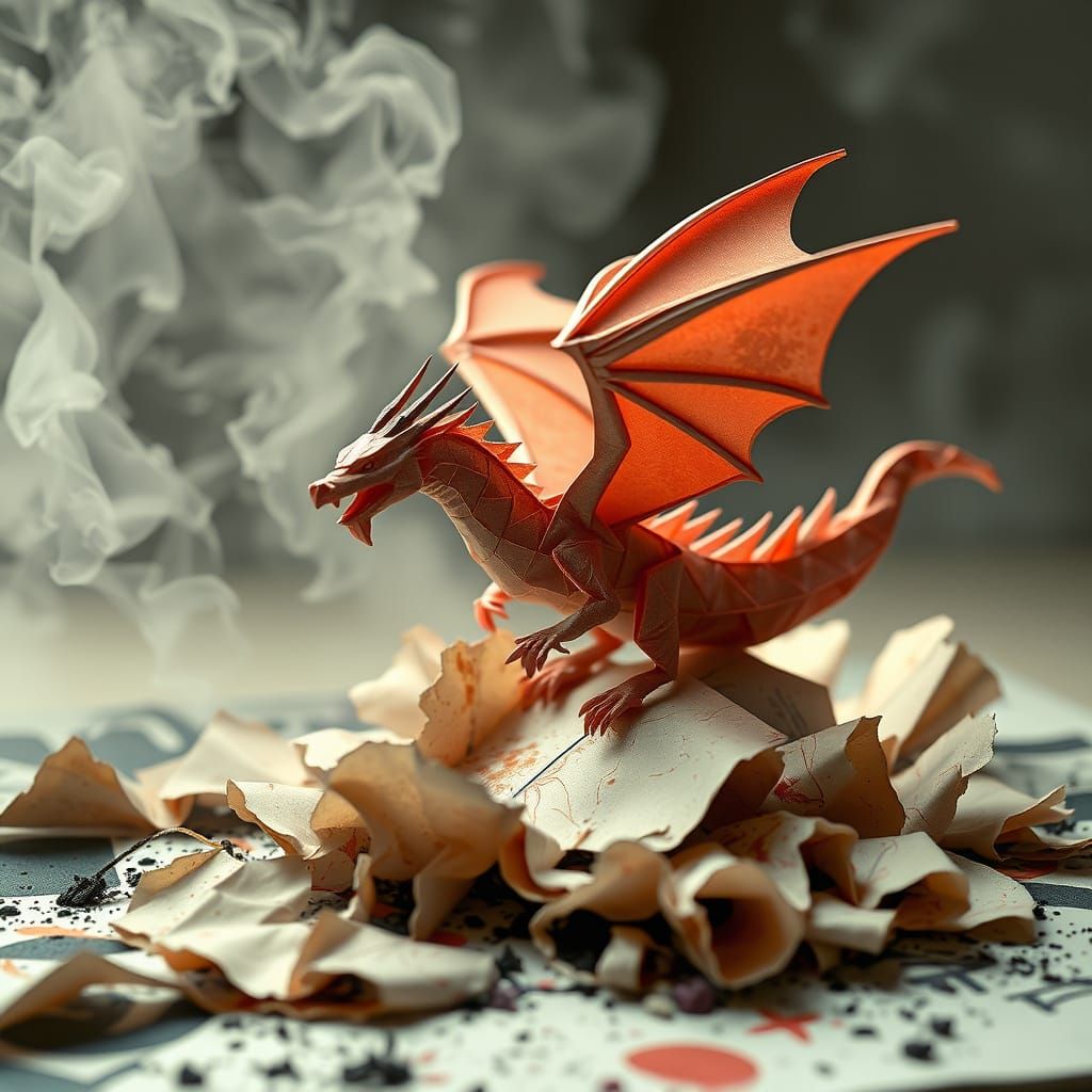 Origami Dragon Soaring Above Paper and Ink