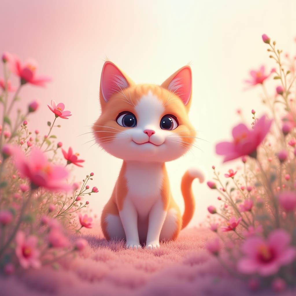 Colorful Cat in Ghibli Style with Fantasy Flowers