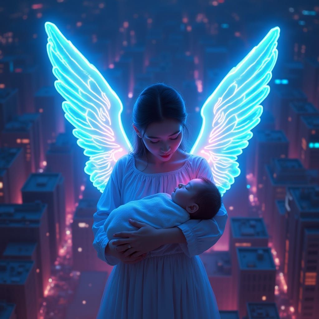 Neon Angel Holding Baby in Futuristic Cityscape